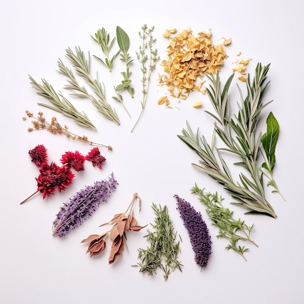 Circle of herbs and flowers Concept of health care and diet