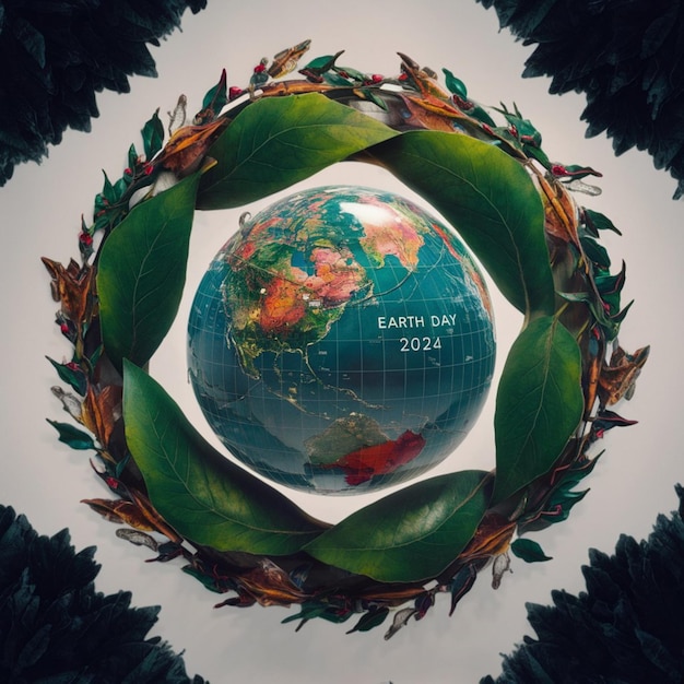 a circle of leaves and a globe with the date of the year