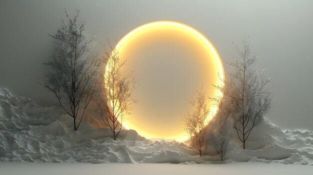 Circle of light surrounded by snow covered trees in a snowy forest