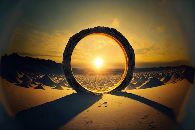 A circle made of sand is surrounded by a sunset view at a beautiful fantasy desert landscape