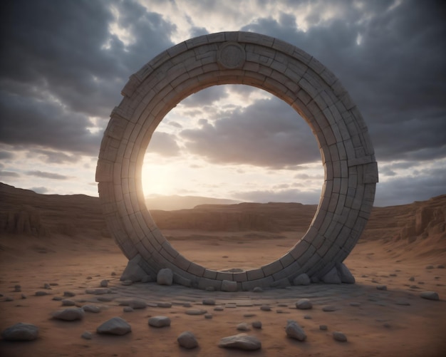 A circle made of stones sits in the desert.