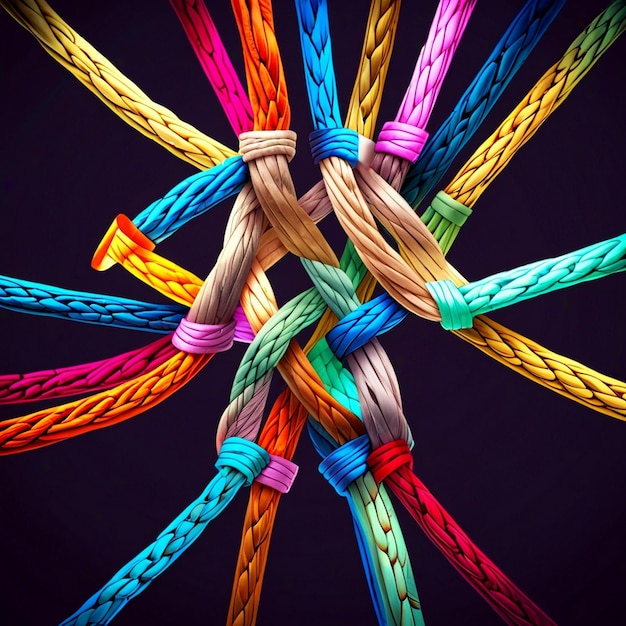 a circle of multicolored rope with a blue background with a colorful rope around it