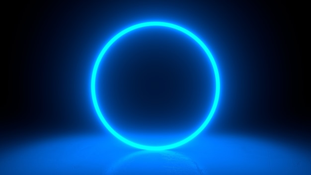 Circle neon blue light in black hall room.