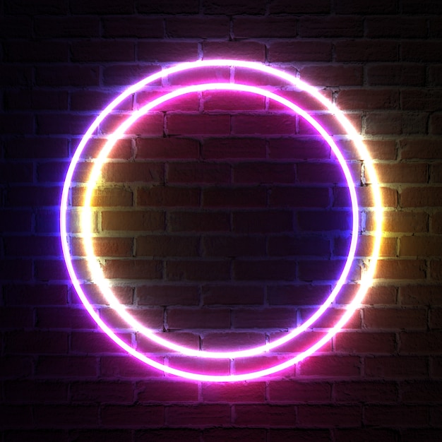 Circle Neon Light Frame for Template and Layout in front of brick wall. 3d Rendering