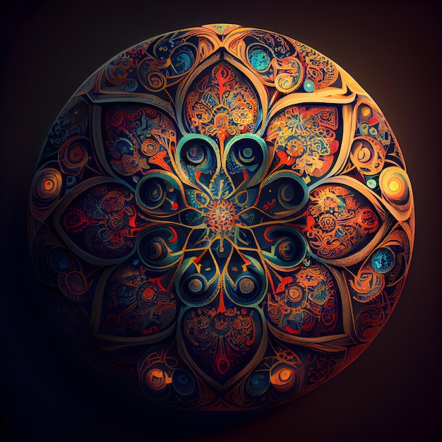 Circle ornament with mandala on dark background illustration