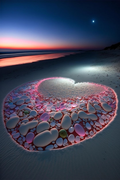 Circle of pebbles on a beach at sunset generative ai