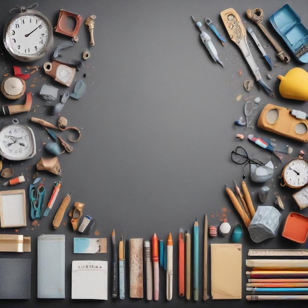 Photo a circle of pencils pens pencils and other items are arranged in a circle