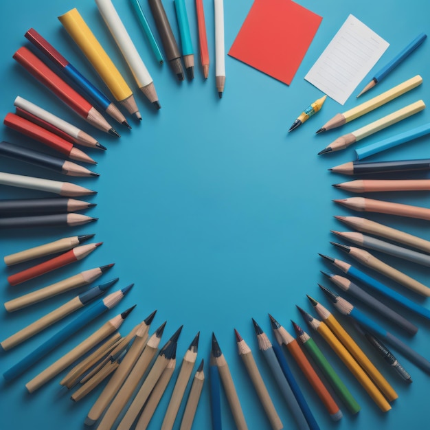 a circle of pencils with a notepad and a notepad in the middle.