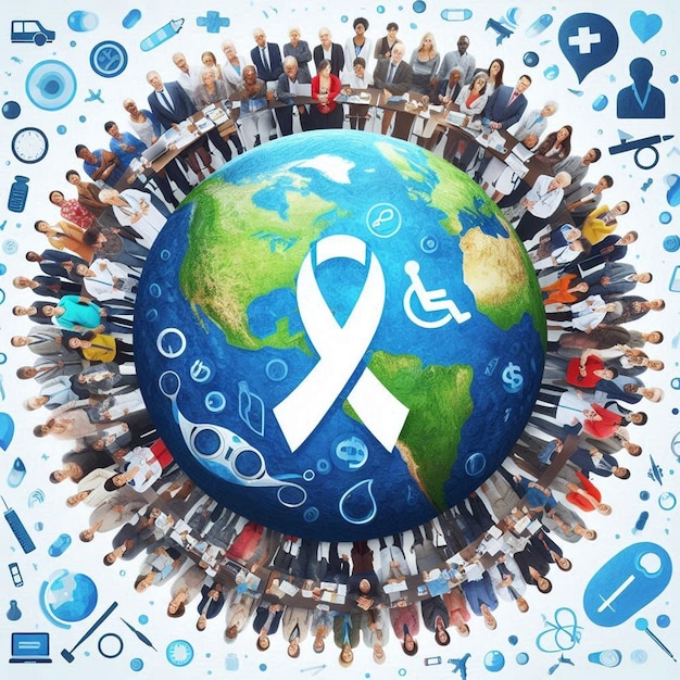 Photo a circle of people around the world with a white ribbon around the earth