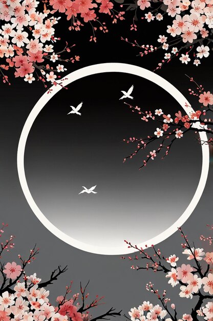 Photo a circle of pink flowers and a circle with birds flying in the sky