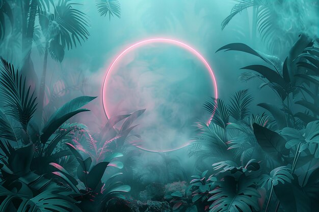 Photo a circle of pink light is surrounded by plants and trees