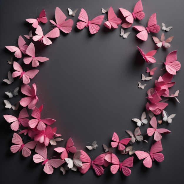 a circle of pink paper butterflies