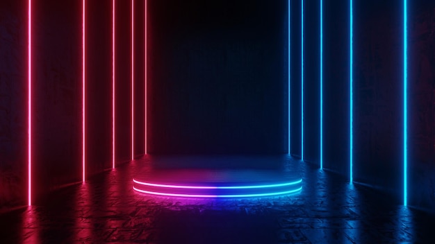 Circle podium dark room abstract background pink blue neon light colors 3D rendering