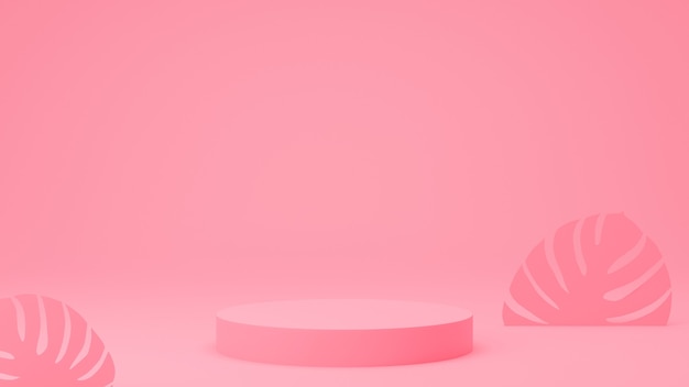 Circle podium pink pastel color with monstera leaf. 3D Rendering illustration. Mock-up showcase for product branding banner and cosmetics product. Product presentation minimal.