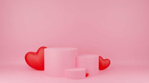 Circle podium pink pastel color with red heart. Valentine's day concept. Mock-up showcase for product.