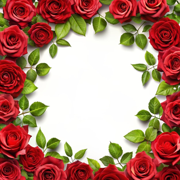 a circle of red roses with green leaves and a white background