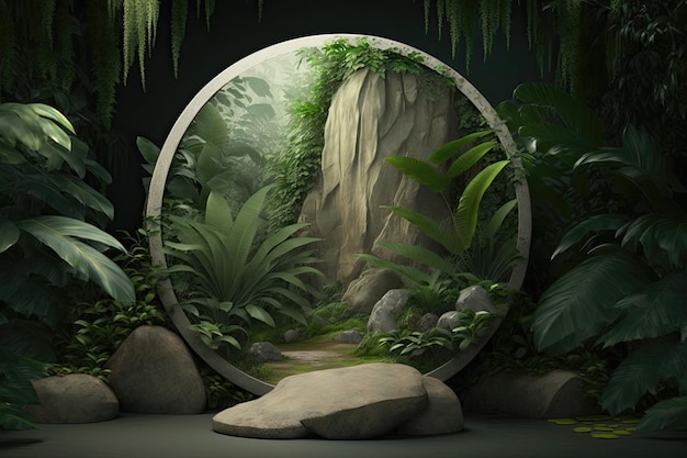 Circle round podium stage platform nature forest plant tree product display Made with Generative AI