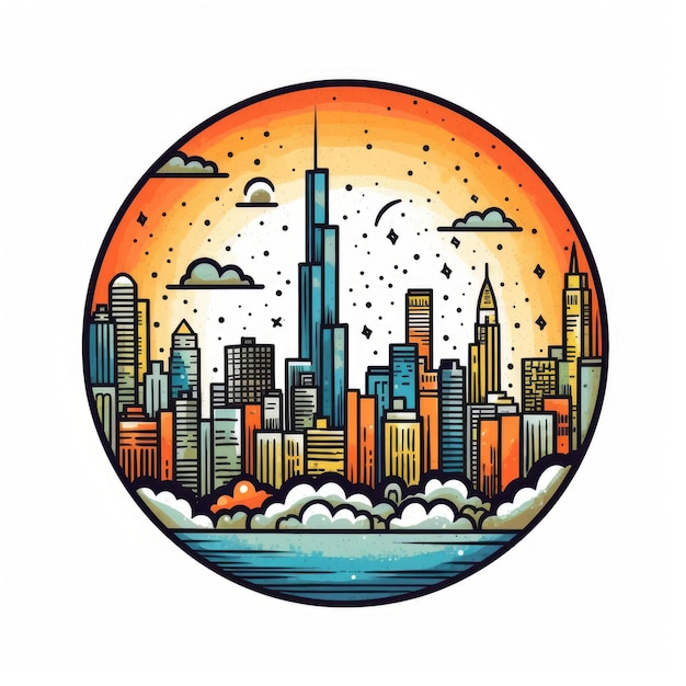 A circle shape frame with center space of Chicago city skyline in simple doodle color cartoon style beautiful Generative AI AIG32