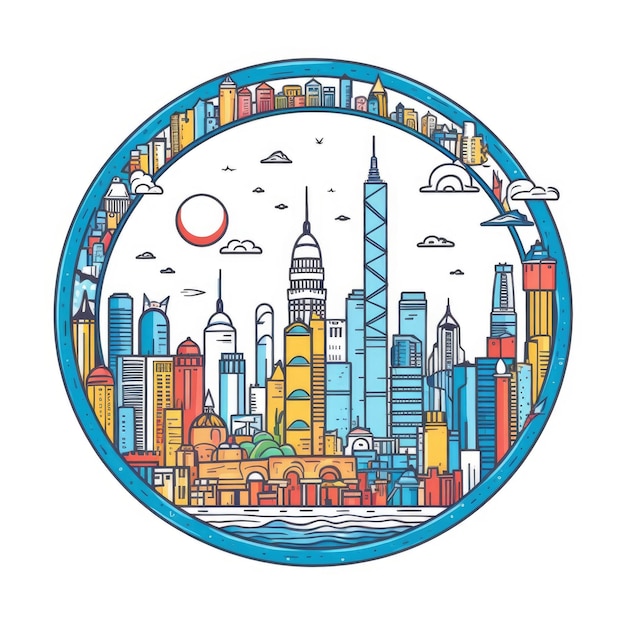 A circle shape frame with center space of Hong Kong city skyline in simple doodle color cartoon style beautiful Generative AI AIG32