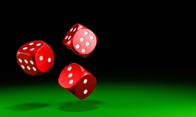 Circle shape red dice are falling on the green felt table The concept of dice gambling in casinos