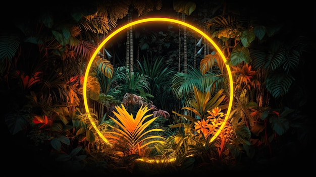 Circle Shaped Fluorescent Frame in Rainforest Environment with Orange and Yellow Neon Light