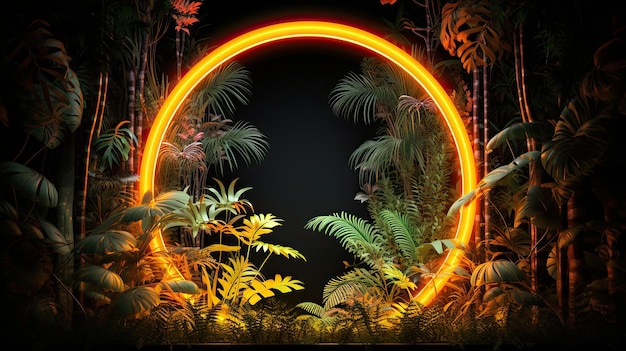 Circle shaped fluorescent frame with orange and yellow neon light highlighting tropical plants