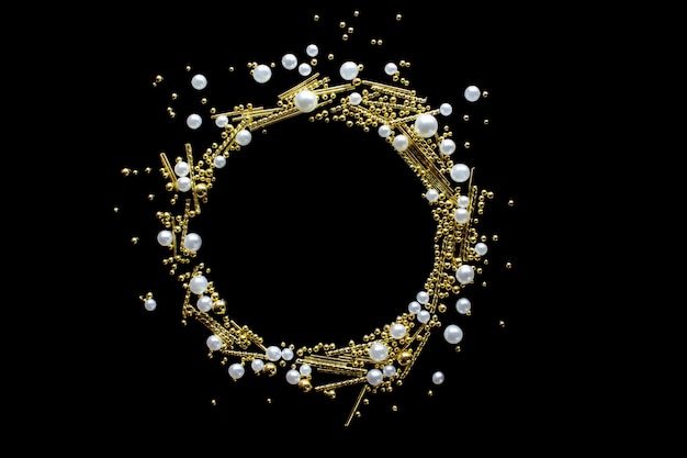 The circle-shaped frame is made of sparkling confetti of gold and pearls