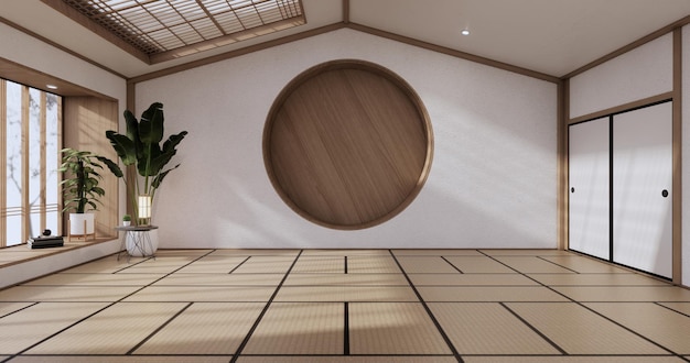 Circle shelf wall design, empty room japanese deisgn with tatami mat floor. 3D rendering