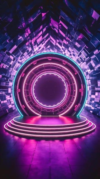 Circle stage with neon light abstract futuristic background ultraviolet concept 3d render