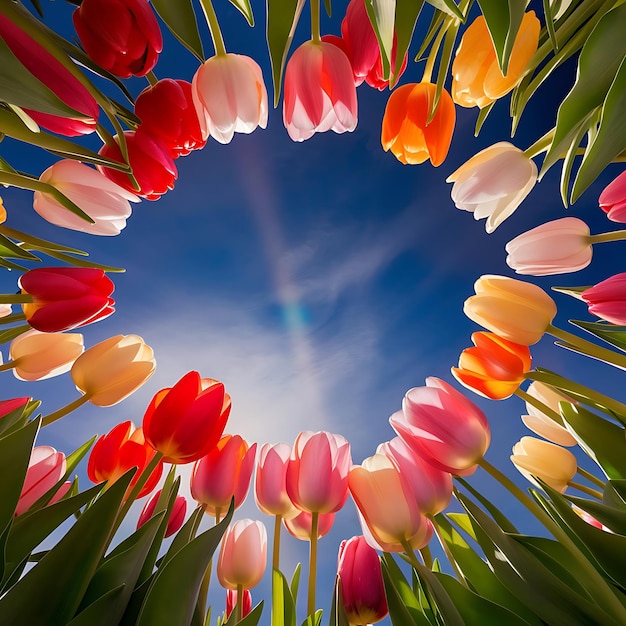 a circle of tulips with the sky in the background