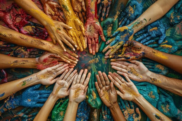 Photo a circle of unity hands painted with diverse colors