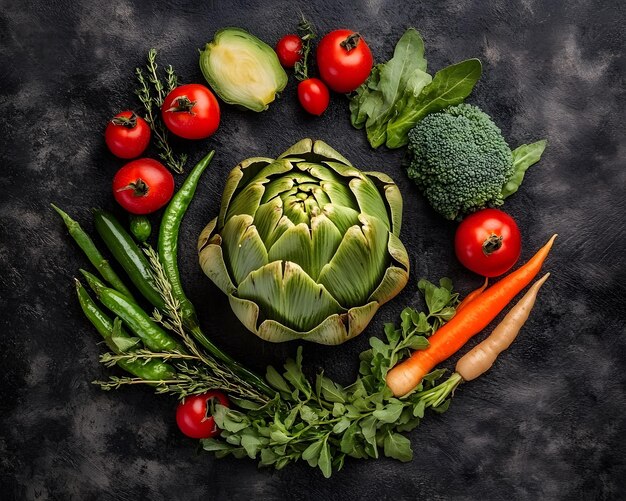 Photo a circle of vegetables including broccoli tomatoes and cucumber