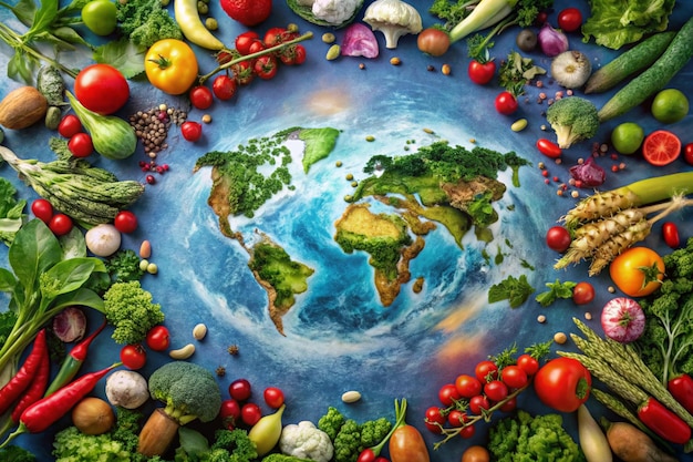 Photo a circle of vegetables including a map of the world and the earth