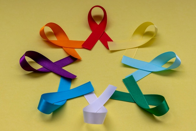 Circle with colorful ribbons of disease and cancer prevention campaigns with yellow background.