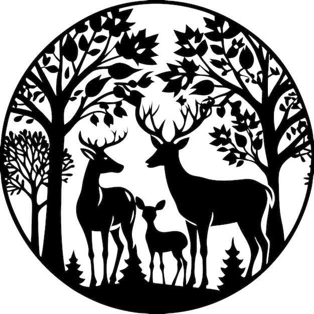 a circle with deers and trees in the background