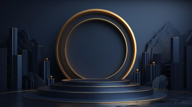 a circle with a gold frame and a blue background with a spiral staircase