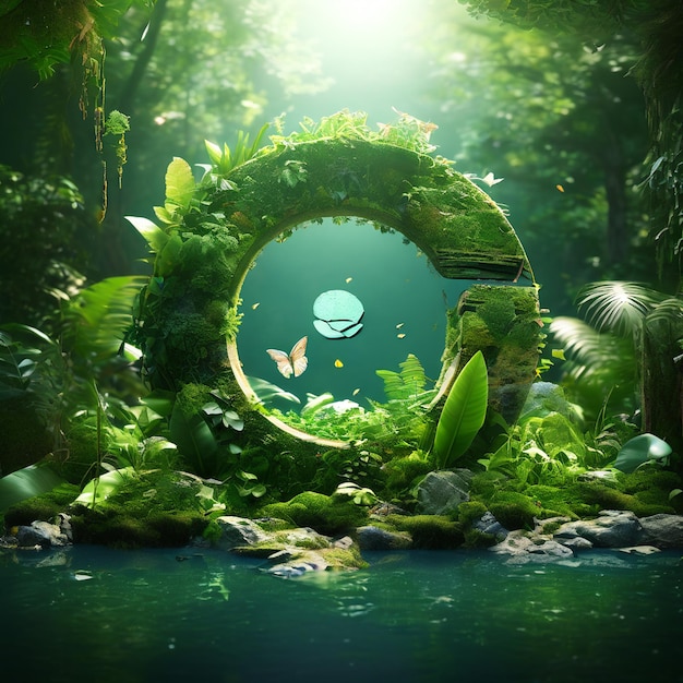 a circle with a green planet in the middle of the forest