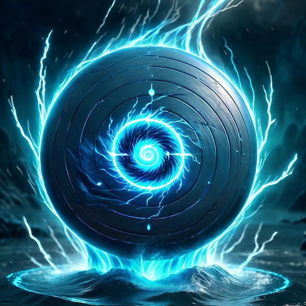 a circle with a lightning bolt on it and a blue background with a flash of lightning