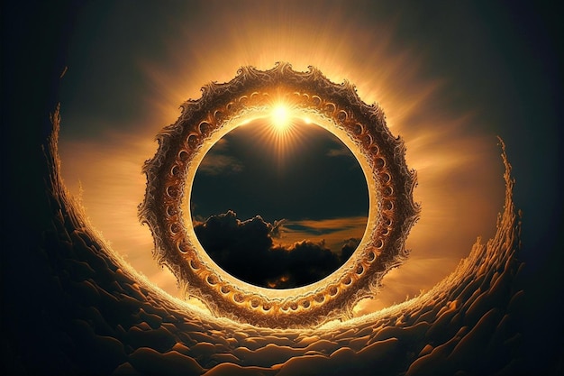 A circle with the sun on it sunset view at a beautiful fantasy landscape