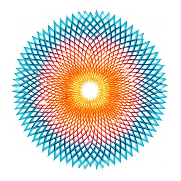 A circle with a sunburst in red and blue