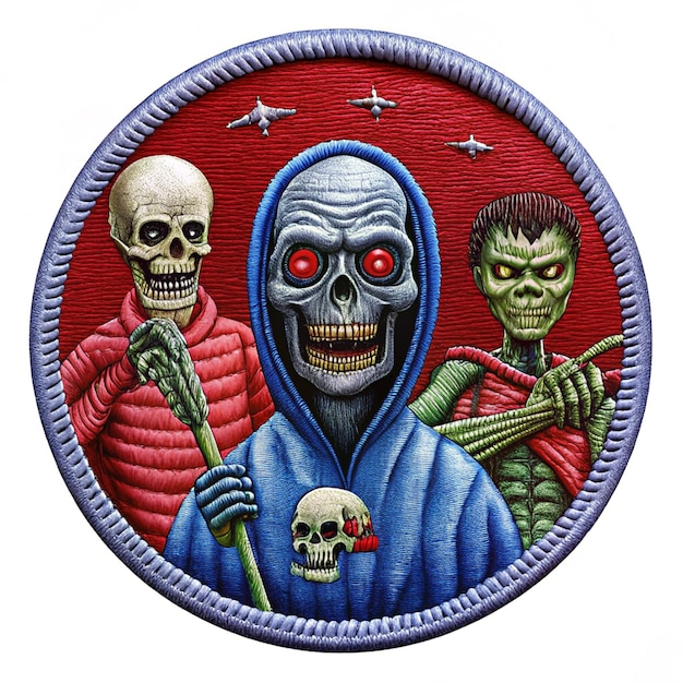 Photo a circle with three skulls and a blue hoodie