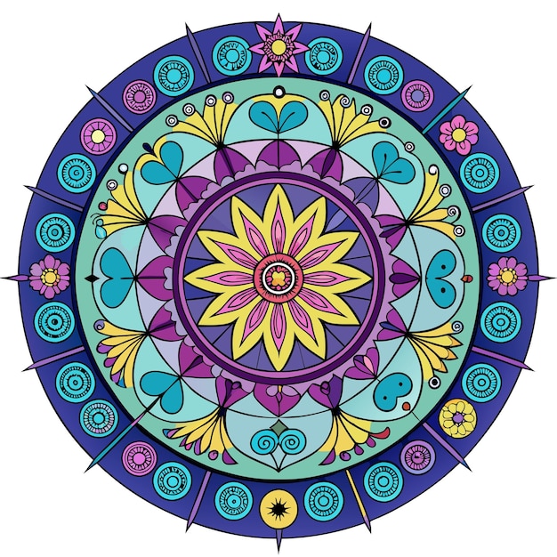 a circle with a yellow flower and purple center