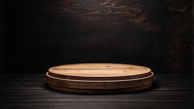 circle wooden podium for product display on black background