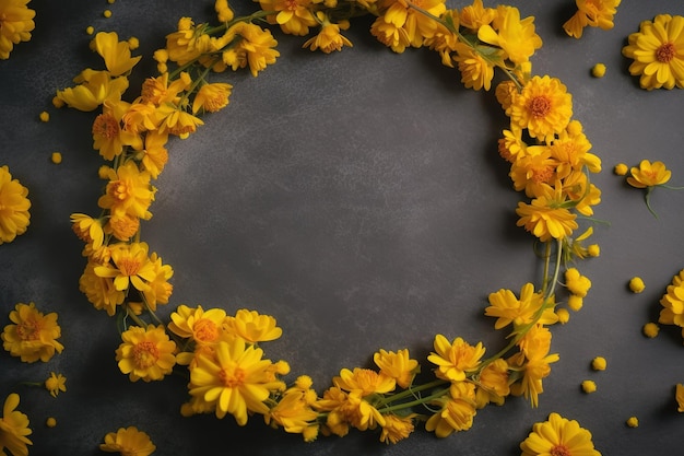 A circle of yellow flowers is shown on a gray background.