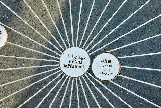 Circles on asphalt in old Jaffa with inscriptions Jaffa port and Tel Aviv in Arabic Hebrew and English Removal of cities from the ports of Jaffa