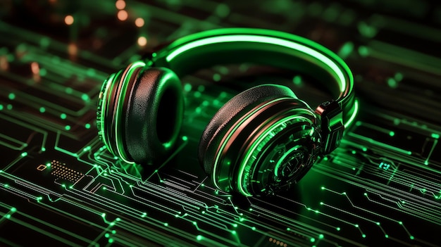 Photo on a circuit board are black and green headphones they are modern digital wireless headset technology electronic equipment pc or radio devices