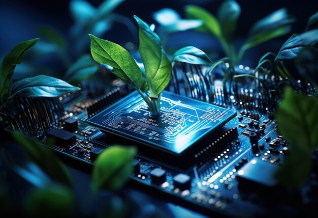 Circuit board and greenery Ecofriendly technology concept Green energy A combination of technology