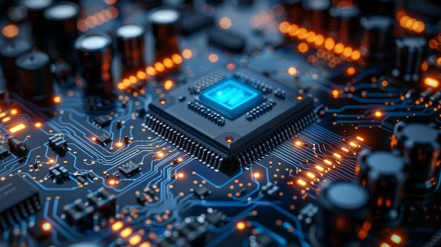 Circuit board illustration texture background design Waves flow Quantum explosion technology Quantum computer technologies concepts Futuristic blue circuit board background