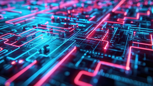 A circuitry maze made of neon lines representing the complex pathways of technology