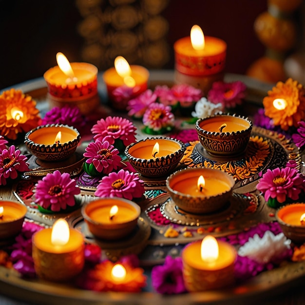 A circular arrangement of festive diya lights such as Diwali